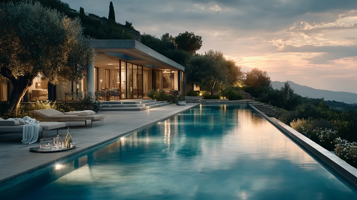 Villa and infinity pool at sunset