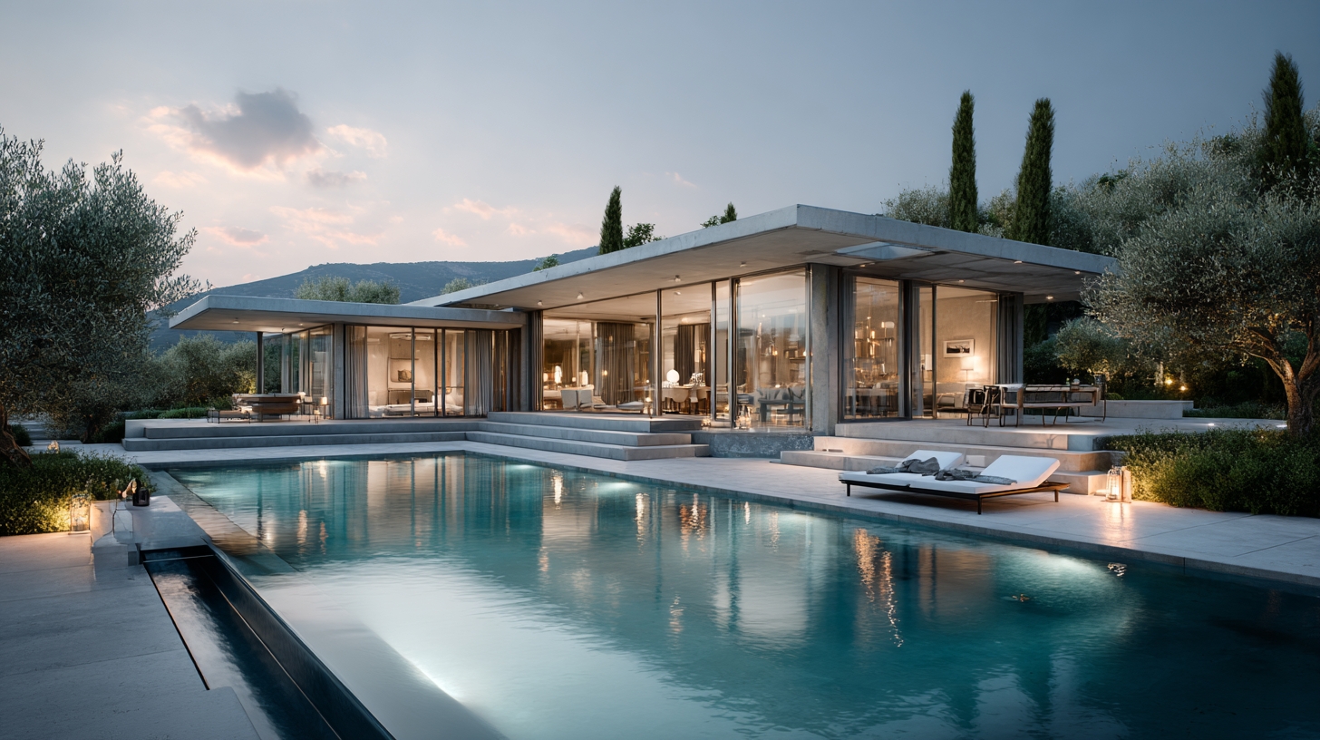 Modern villa and pool with sunbeds