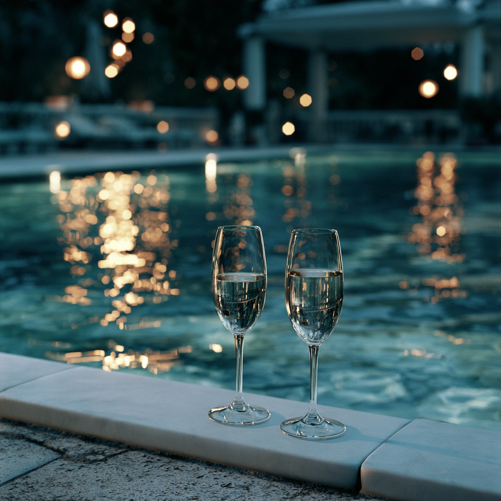 Champagne glasses by the pool
