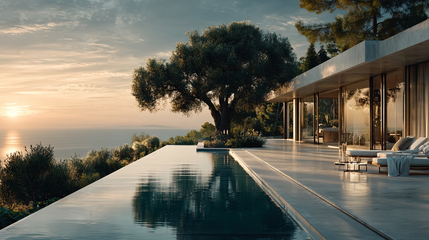 Mediterranean villa with infinity pool at sunset
