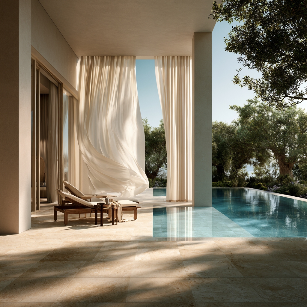 Sunbed and curtains by pool