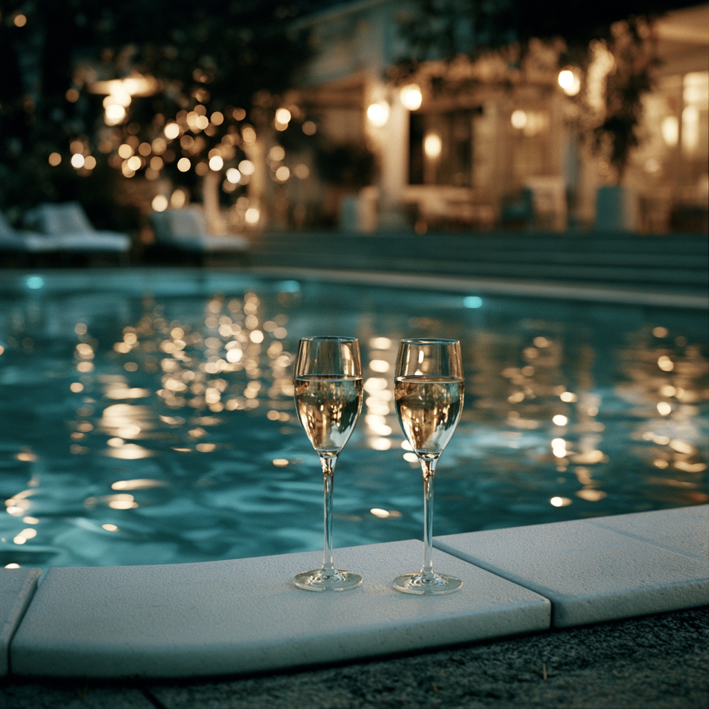 Two glasses by pool at night